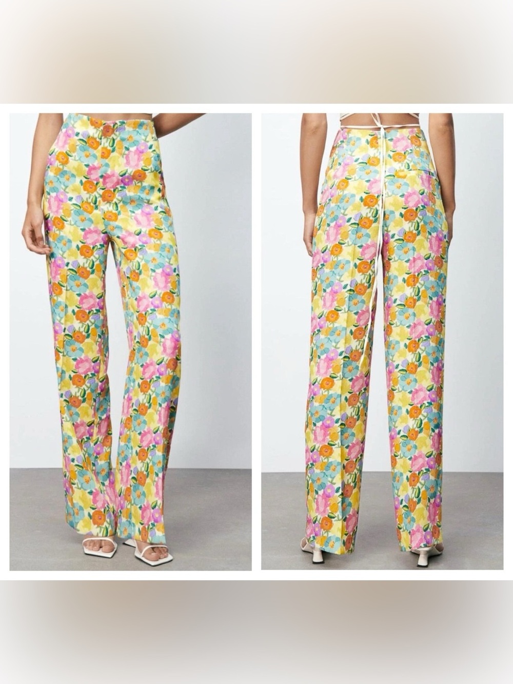 Zara Pastel Floral High-Waist Wide-Leg Pants